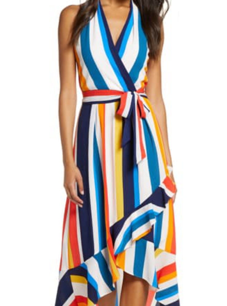STRIPED HALTER MAXI SUNDRESS IN RED/ORANGE/BLUE
